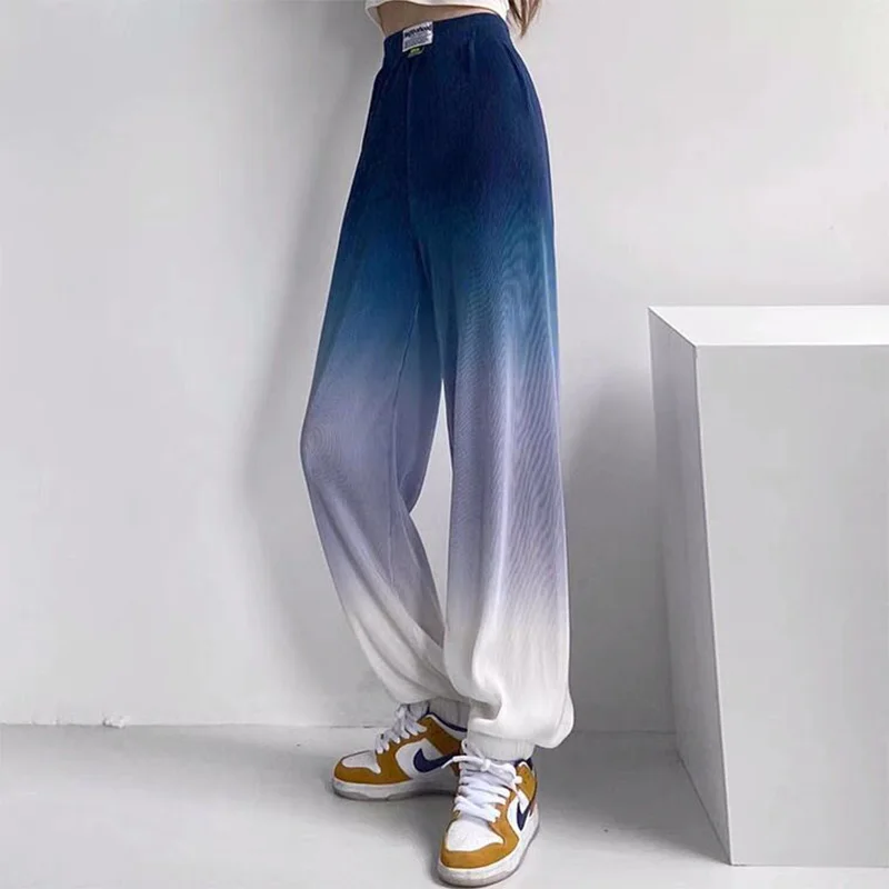 Gradient Color Design Sense Ice Silk Pants Summer New Loose Pit Strip Elastic Waist Fit Labeling Womens Korean Wide Leg Trousers