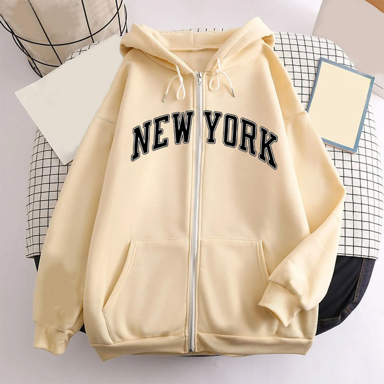 

Zip Up Hoodies Retro Hip Hop Jackets Womens New York Print Hooded Long Sleeve Sweatshirt Pullovers Y2k Harajuku Loose Hoodies