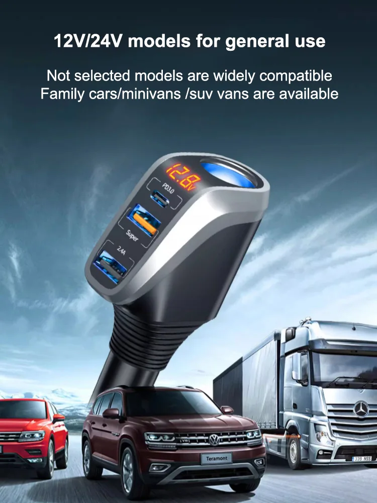 66W Car Charger Adapter Super Fast Charging Expansion Port Converter for iPhone Xiaomi Huawei Adapter Plug USB Interface Socket 5