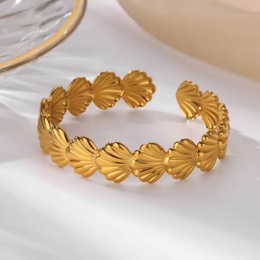 Gold Color Geometric Aesthetic Flower Leaf Bangle - Stainless Steel Bracelet