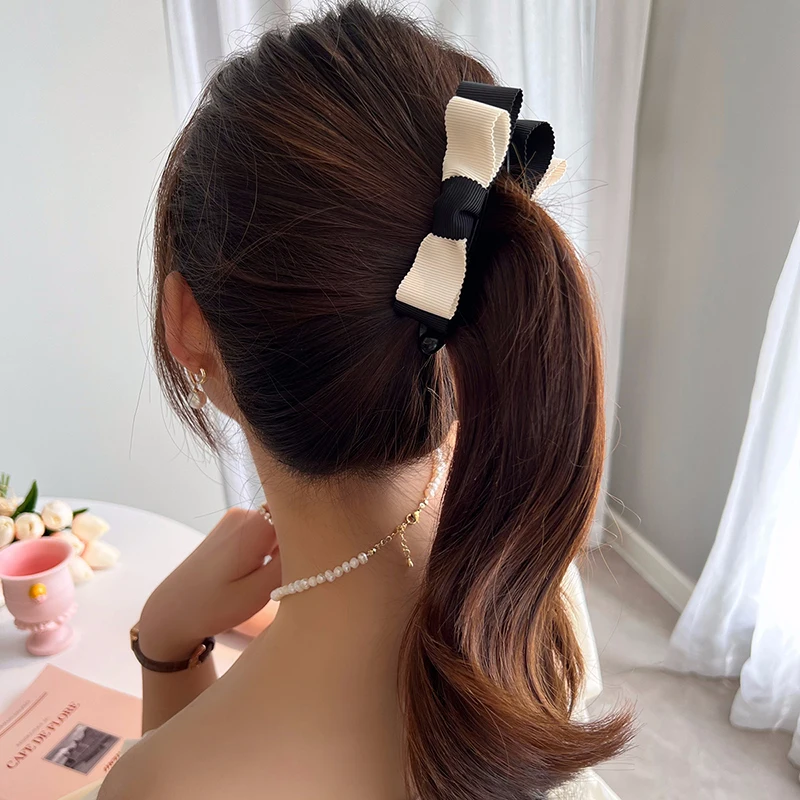 

Lystrfac Fashion Black White Bow Banana Hair Clip for Women Girls Horsetail Hairpin Headdress Female Hair Accessories