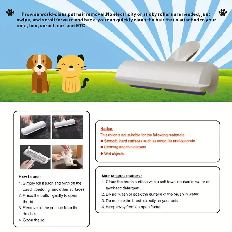 1Pcs One Hand Operate Way Pet Hair Remover Roller Removing Dog Cat Self Cleaning Lint Pet Hair Remover Remov Cleaning