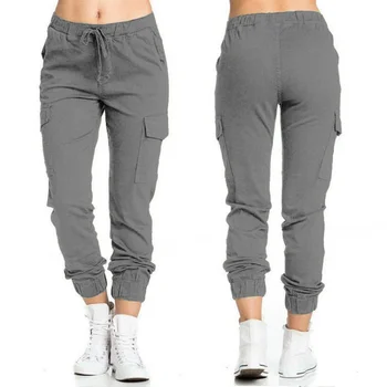 Women's Solid Jogger Cargo Pants New Multi-Pockets Drawstring Elastic Waist Female Sports Trousers Streetwear Casual Long Pants