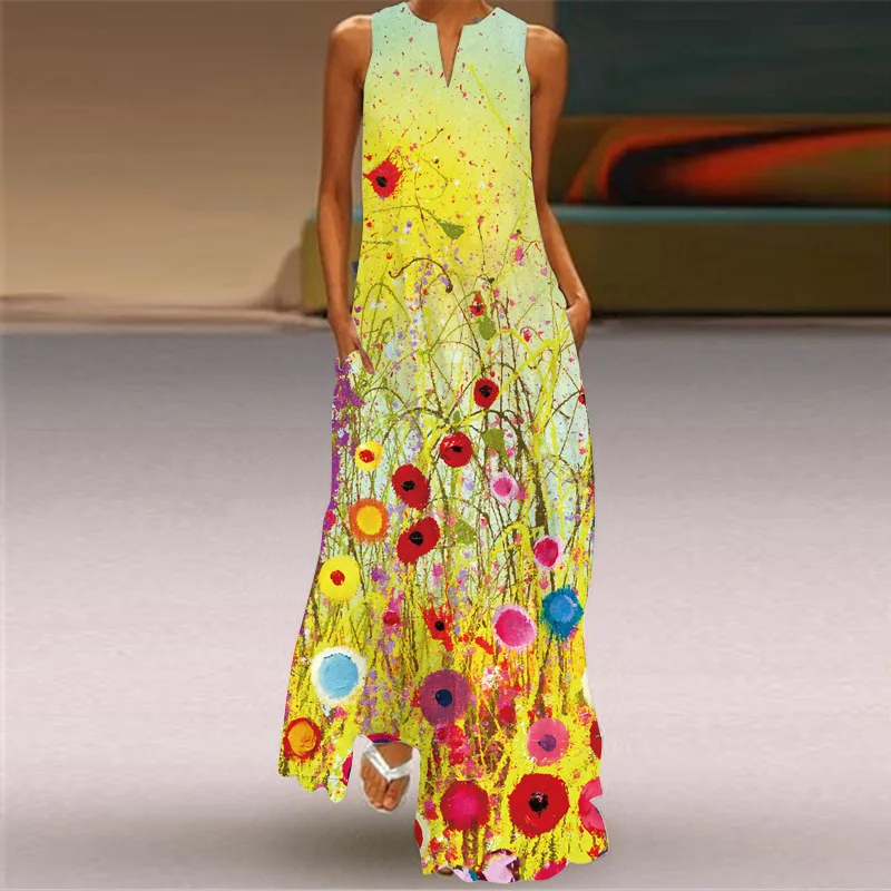 MOVOKAKA Spring Summer Print Long Dress Women Beach Holiday Casual Fashion Elegant Dresses Party Sleeveless V Neck Maxi Dresses