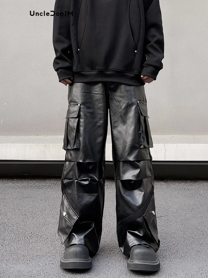 Leather Pants Men Loose Tactical Pants Functional Multi Pocket