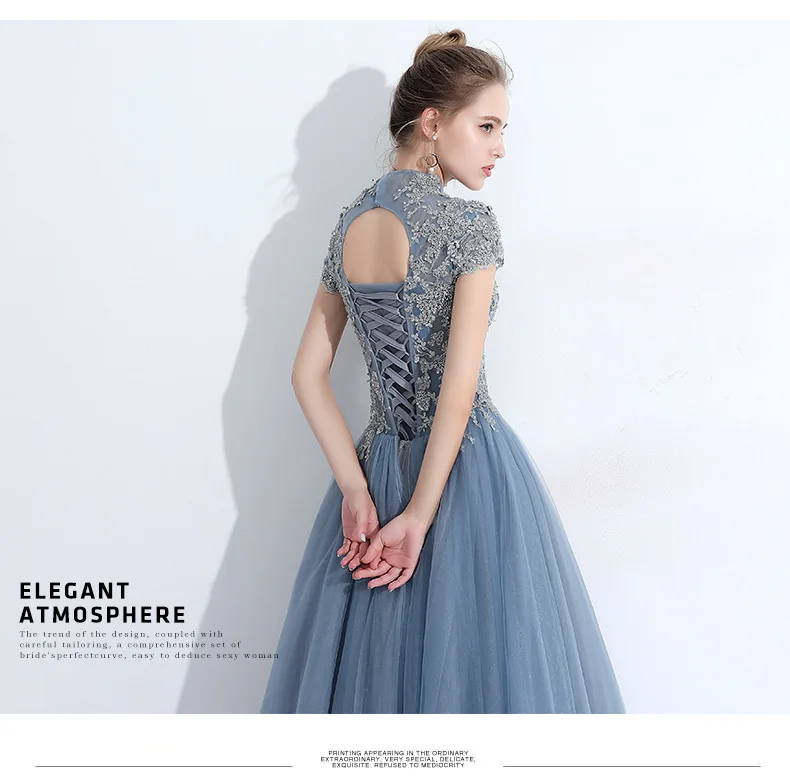 J2177 Blue Evening Dresses Elegant Women Vestido Stand Collar High-Neck Backless Floor Length Ball Gown Lace Up Tulle Long Dress long sleeve evening dresses