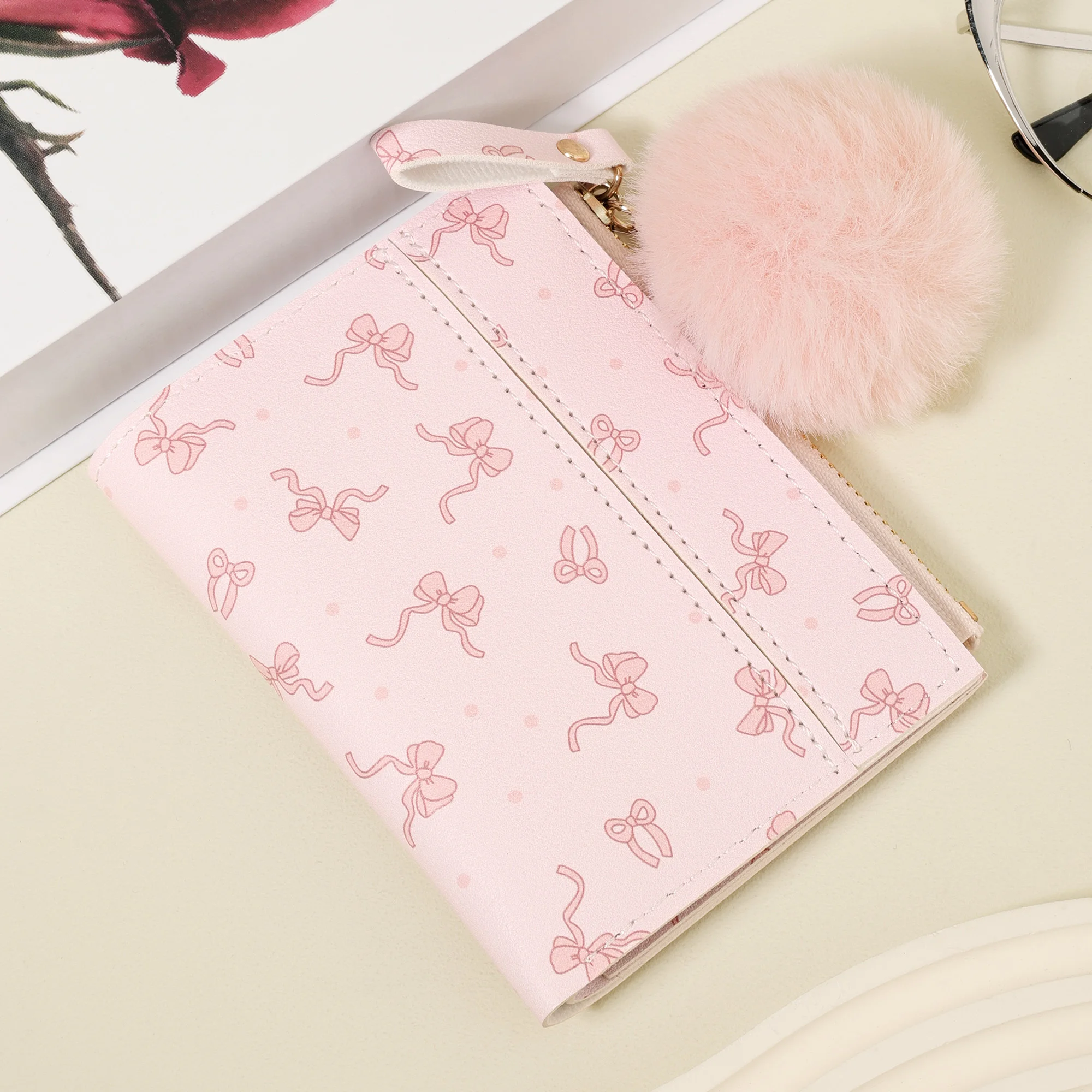 Women's Minimalist Short Wallet with Pom-Pom Charm and Bow Print