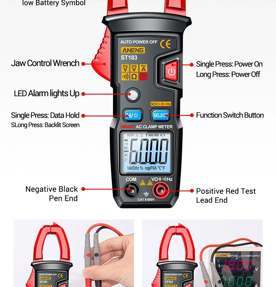 ANENG ST183 Digitales Zangenmessgerät 6000 Anzeigen True RMS Multimeter AC/DC Spannungsprüfer 600A Amperemeter Zange NCV Ohm Kapazität Hz – Detail 12