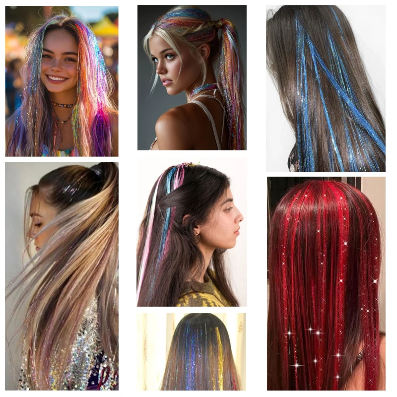2PCS Synthetic Hair Tinsel Clip in Extensions Colored Sparkle Hair Tinsel Kit with BB Clip for Kids Girls Christmas Party Use