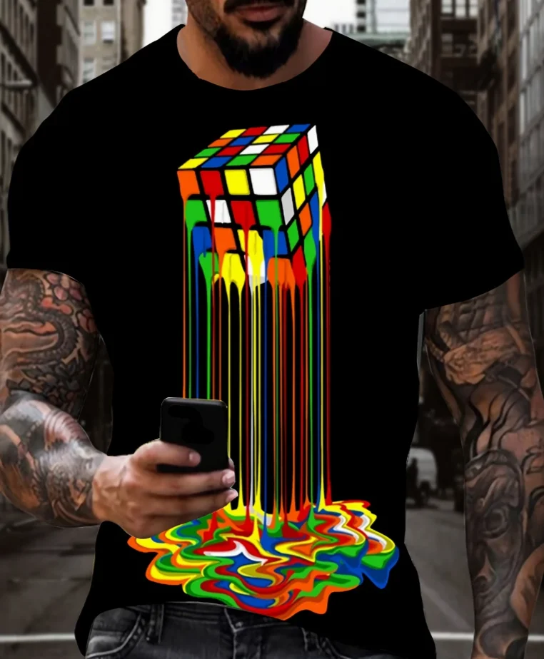 T-shirt da uomo con stampa 3D retrò in colori vivaci, dal design elegante e casual in stile streetwear hip-hop.