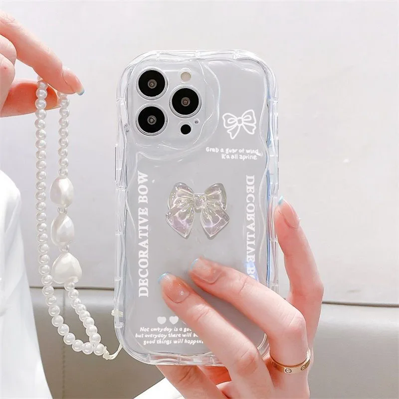 thumbnail image 1 of Funda suave transparente con cordón de cadena de teléfono colgante de oso 3D coreano para iPhone 15, 14 Pro Max, 11, 13, 12 Mini, XR, 6, 8, 7 Plus, X, XS, SE, 1 of 5