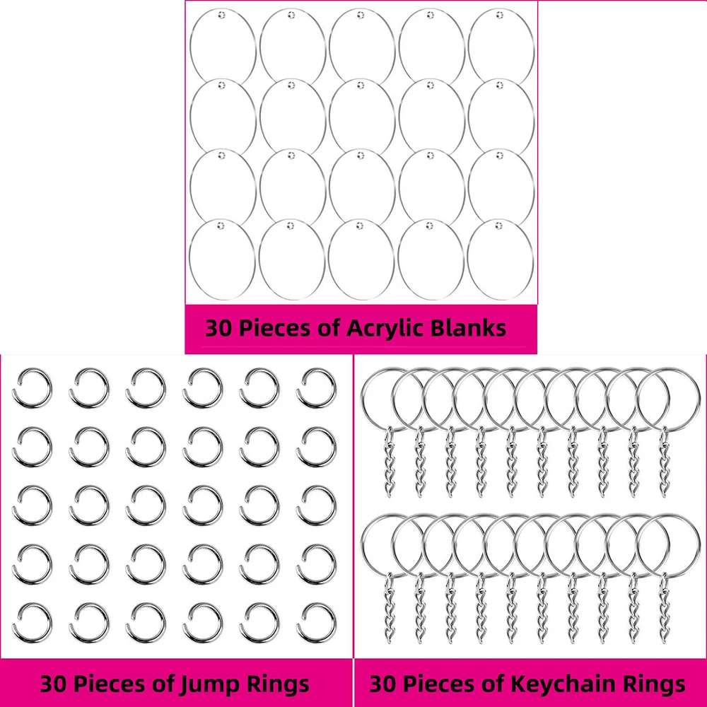 90Pcs Acrylic Keychain Blanks Kit with Key Rings Jump Rings Round Keyring Set DIY Key Rings Craft Supplies