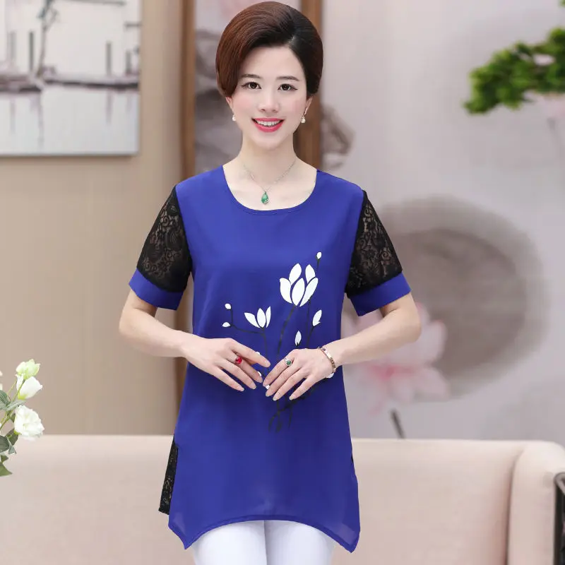 T Shirt for Women Summer Short Sleeve O Neck Chiffon Blouse Tops Female