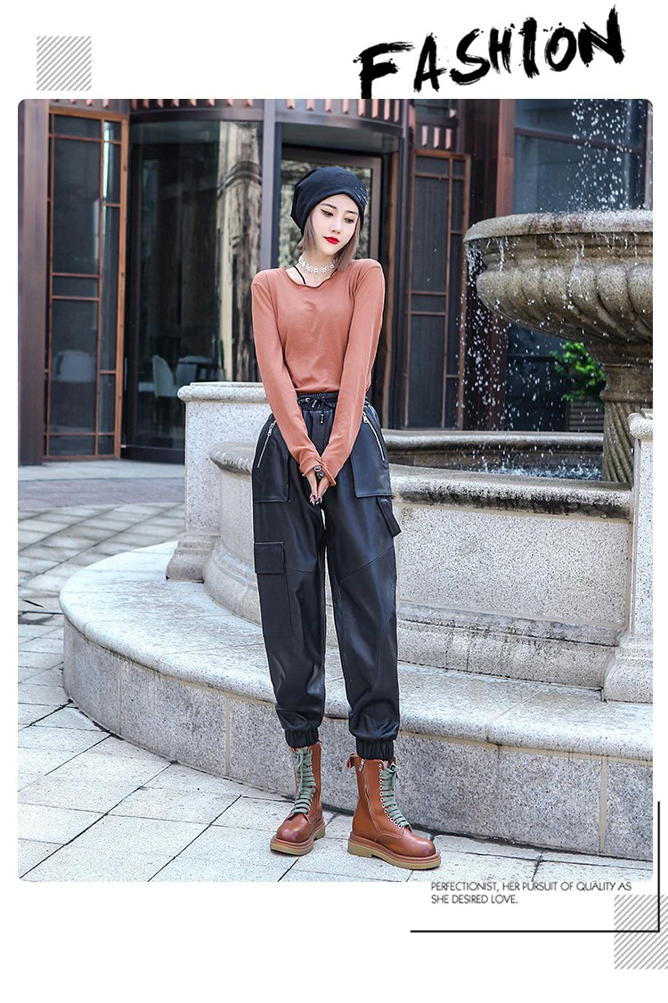 Genuine Leather Pants Women High Waist Drawstring Pants 2023 Real Sheepskin  Cargo Pants Korean Style Nine-point Trousers Women - AliExpress