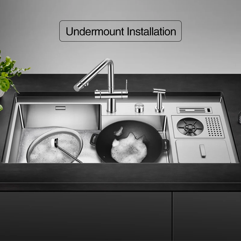 Large Size SUS 304 Stainless Steel Cup Rinser kitchen Sink 220mm Depth 4mm Thickness Handmade kitchen Sinks With Trash Can