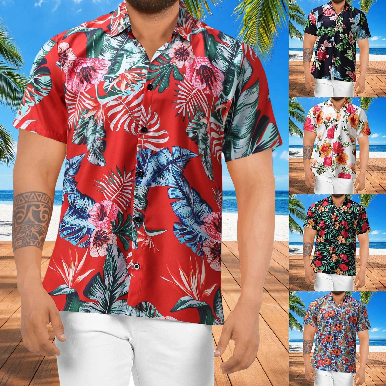 Camisa hawaiana de playa hombre, camisas con estampado de hojas florales, Tops informales de manga corta, blusa de moda para vacaciones de verano, 2022| | -