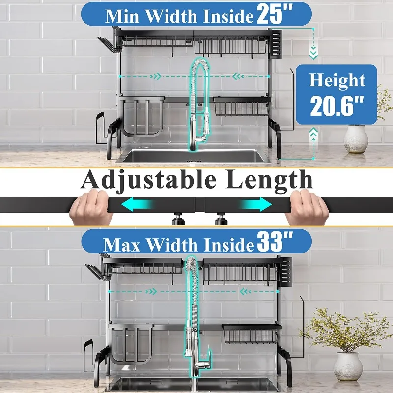 Over The Sink Dish Drying Rack, Adjustable (25.5 to 33.5 inch) 2 Tier Metal Steel Dish Drying Racks 3