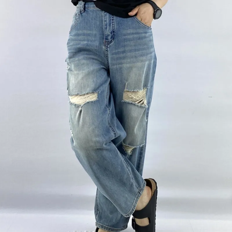 New Summer Plus Size Jeans Women's Wear 100KG Stylish Premium Ripped Holes Thin Denim Harem Pants 8358