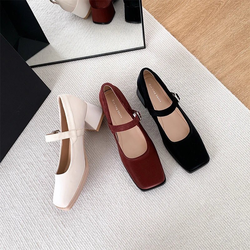 Thick and high heels Mary Jane shoes new French matching skirt temperament square head shallow mouth single shoes