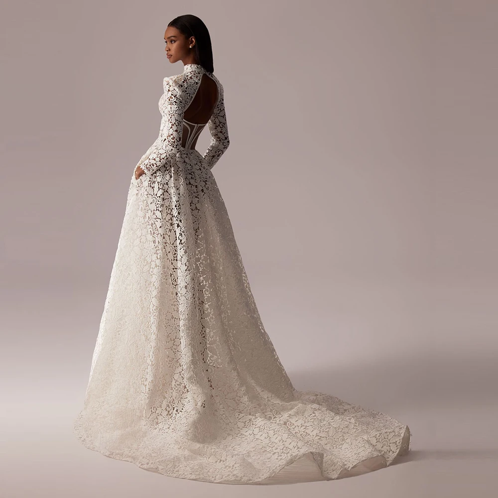 

New Exquisite Wedding Dresses Lace High Collar Bridal Gowns Long Sleeves Wedding Gown Back Out Robe de mariée 2024 Cut Out