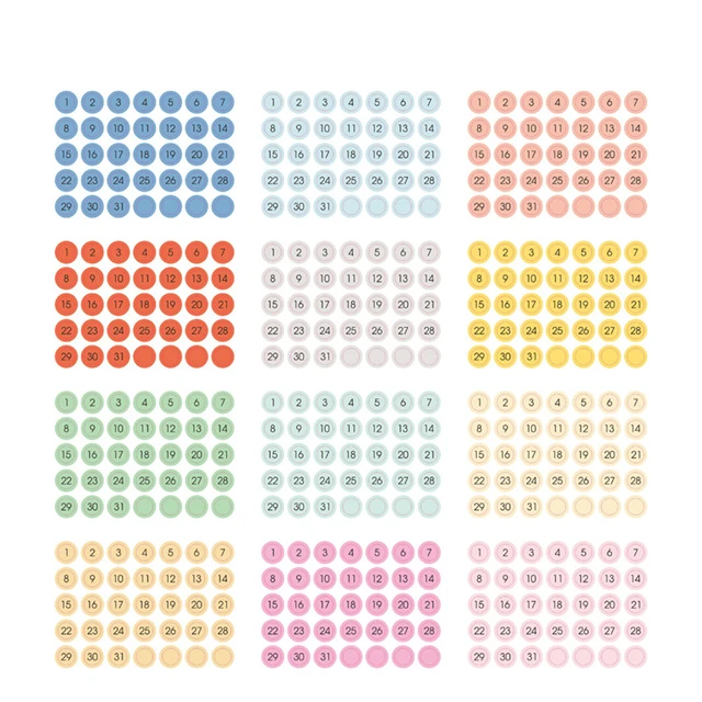 12sheets Round Number Date Label Sticker Year Planner Colorful 365 Daily Days Stickers Stationery Agenda Diary Journal Stickers E-12 sheets