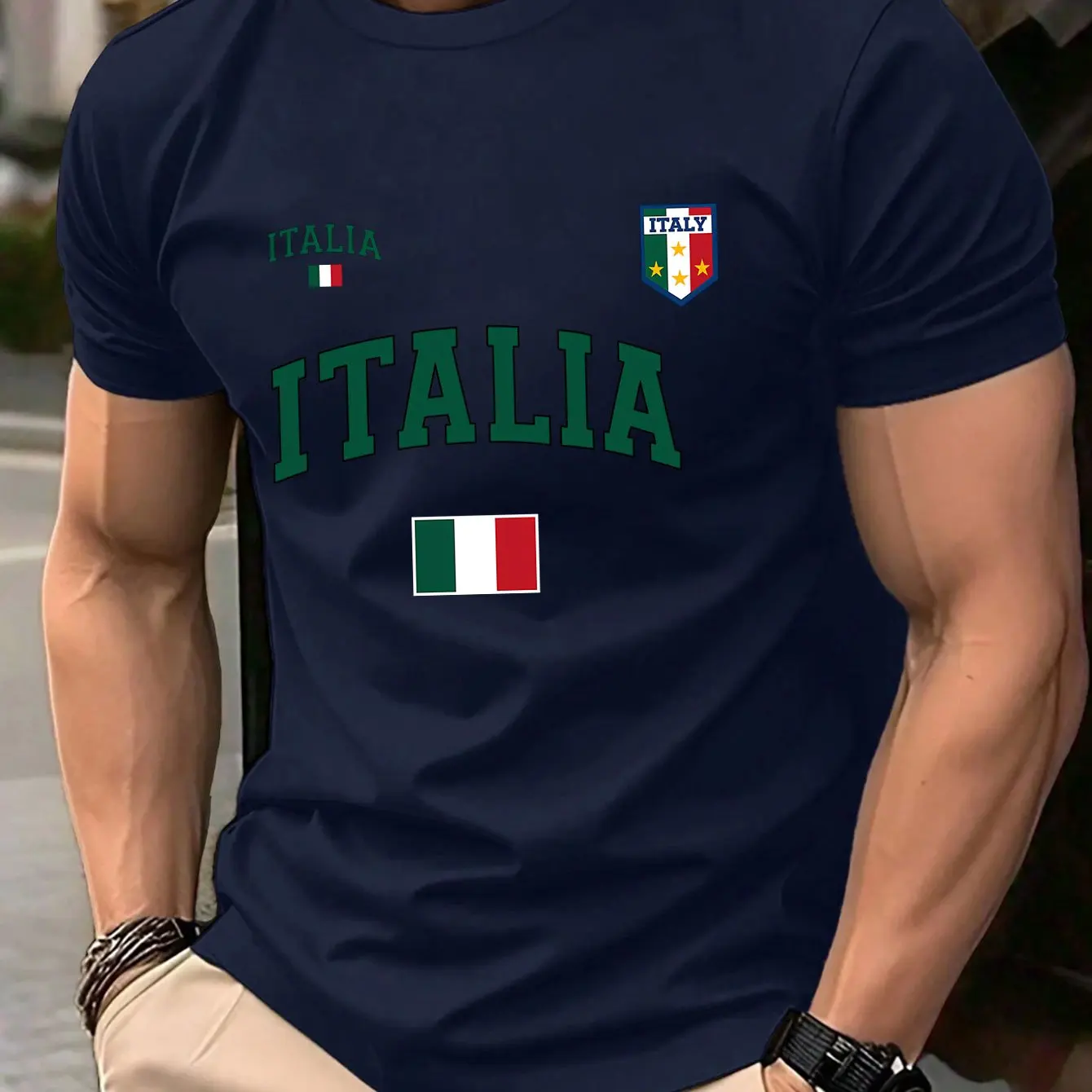 Herren-T-Shirt aus reiner Baumwolle mit italienischem Flaggen-Emblem-Muster, lässiges Rundhals-Kurzarm-Street-Top – Detail 5