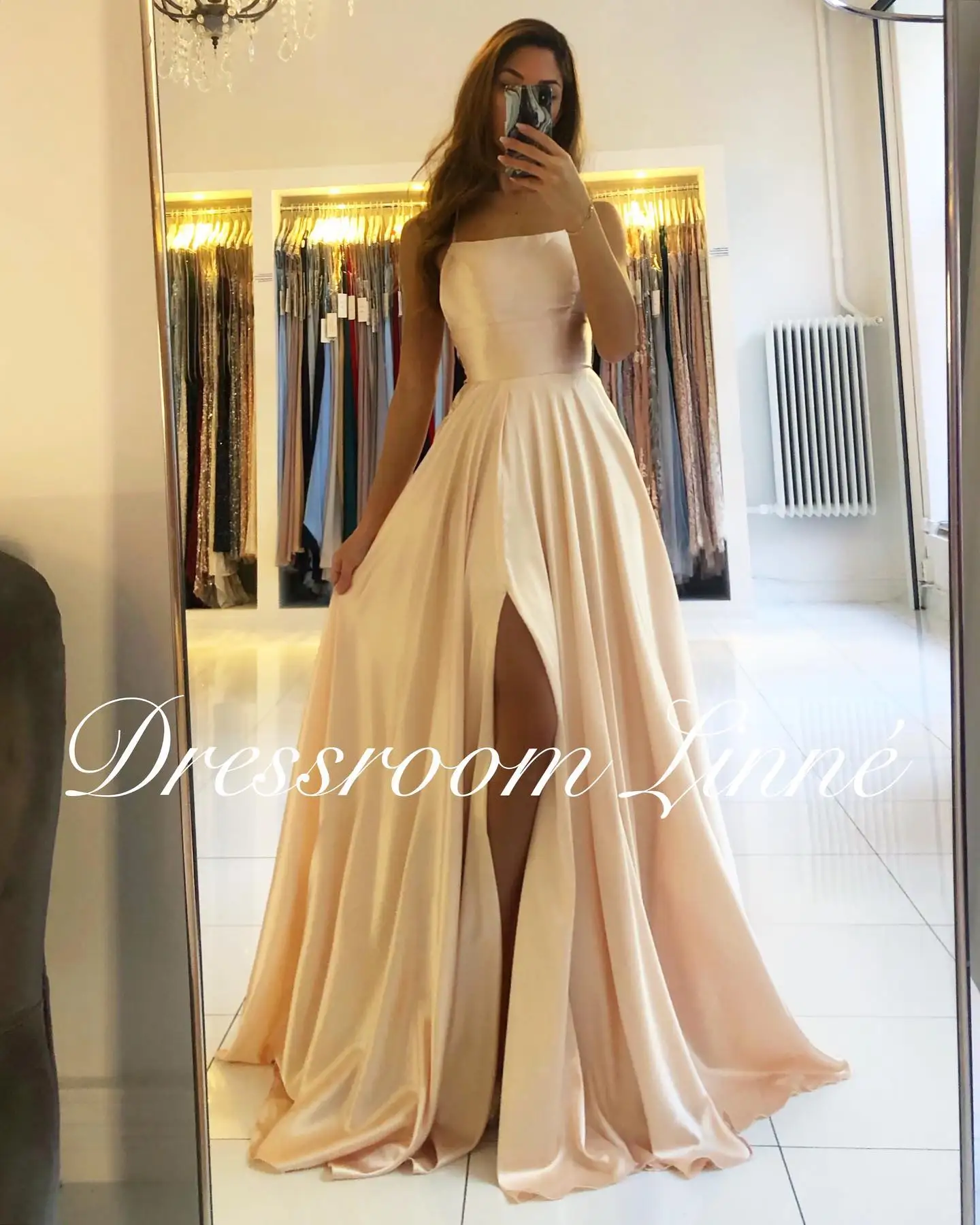 Prom Dress Spandex Satin Slit Side A-LINE Scoop Stretch Slip Satin High Split Long Simple Evening Party for Women women prom dresses