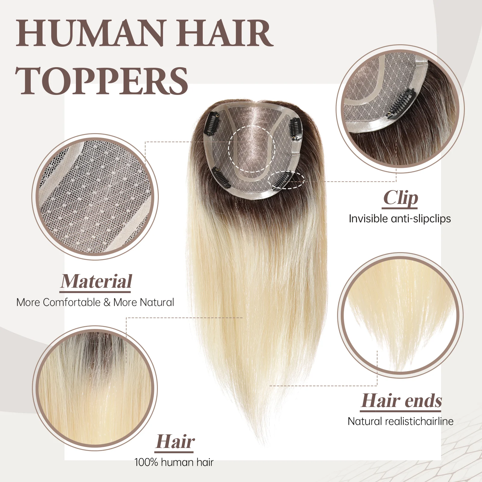 Original Human Hair Topper Women Human Hair Wigs Ombre Blonde Clip in Extensions Hand Tied MONO Base Hairpiece 14 inch,human hair toppers
