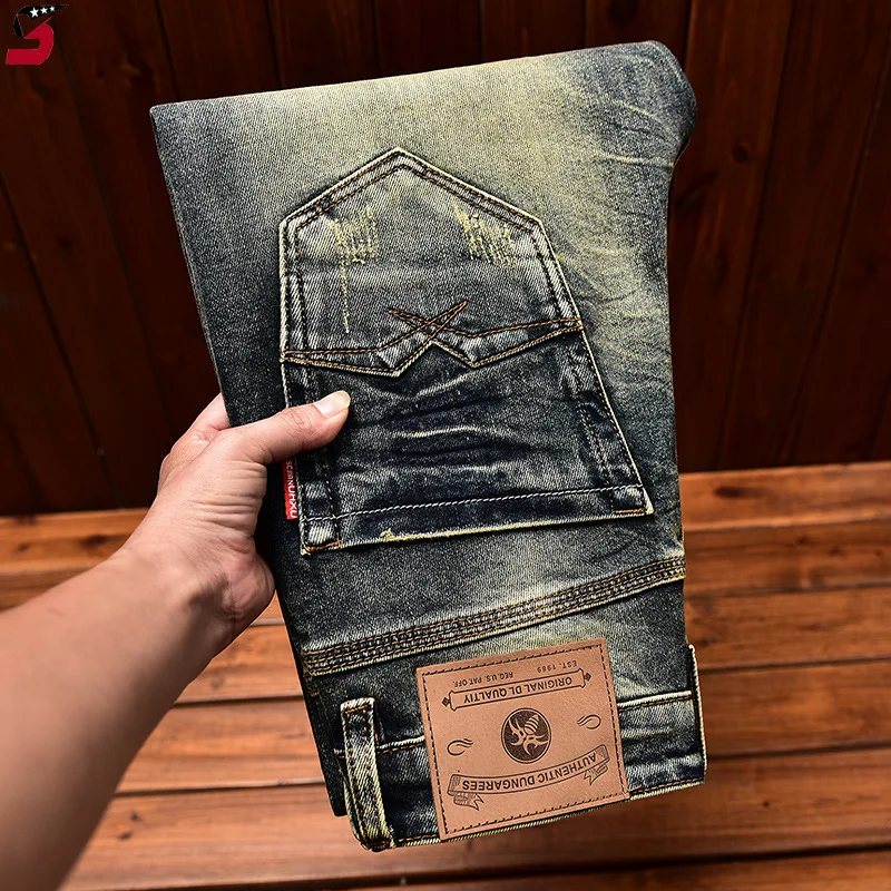 High-End Motorcycle Jeans Men's Autumn Washed-out Vintage Nostalgic Fall Slim Fit Straight Stretch Denim Long Pants 2