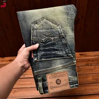 High-End Motorcycle Jeans Men's Autumn Washed-out Vintage Nostalgic Fall Slim Fit Straight Stretch Denim Long Pants 2