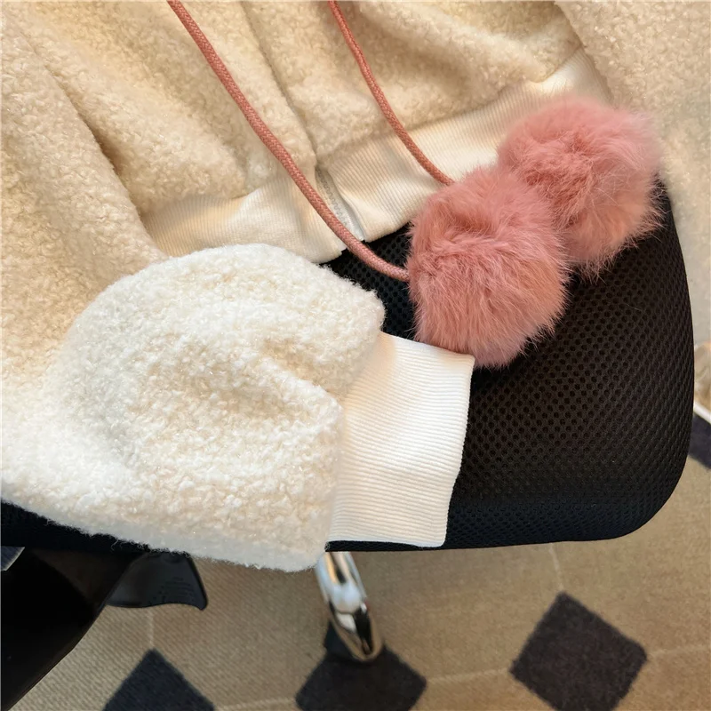Short Hoodie Coats Women Lamb Wool Thick Loose Solid Color Long Sleeve Japanese Style Rabbit Ears Kawaii Daily Jackets Female