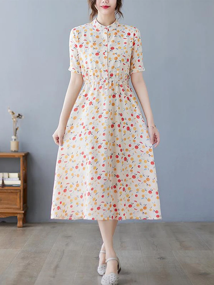 

2023 New Elegant Women Floral Dresses Summer Casual Stand Collar Short Sleeve Shirt Dress Female Vintage Cotton Longuette