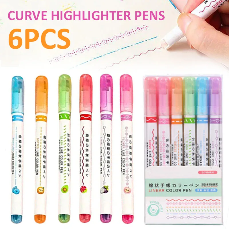 6pcs Highlighter Pen Set Linear Color Pen Quickdrying Curve Highlight