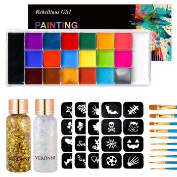Set di trucco a olio per tavolozza di colori per il viso e il corpo 20 colori SFX Pittura per feste di Halloween con 10 pennelli per artisti, kit stencil per tatuaggi 1