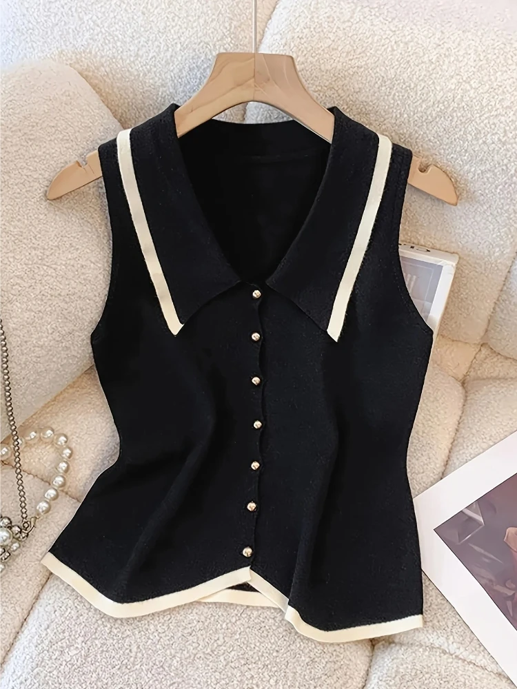 Gilet in Maglia con Colletto a Polo e Bottoni Dorati, Cardigan Senza Maniche con Bottoni Frontali e Bordi a Contrasto, Trendy Primavera-Estate 2026 per Donna - immagine 5