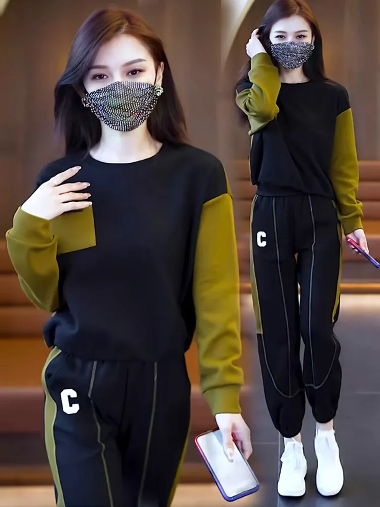 

Casual Sweatpants Pullover Suit Women Conjuntos Para Mujeres 2 Piezas 2023 Autumn O-Neck Sweatshirt+Leg-Tied Pants Two Piece Set