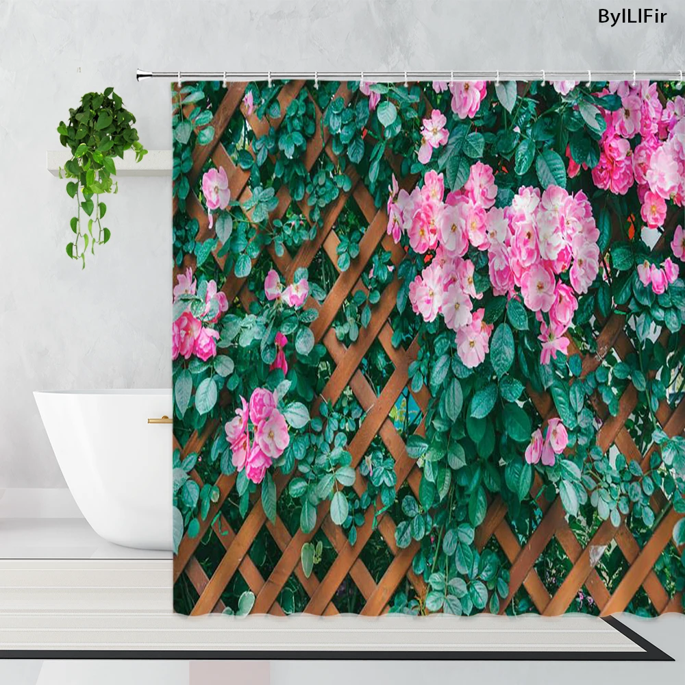 Spring Garden Shower Curtains Pink Rose Wooden Fence Flowers Plants Bathroom Decor