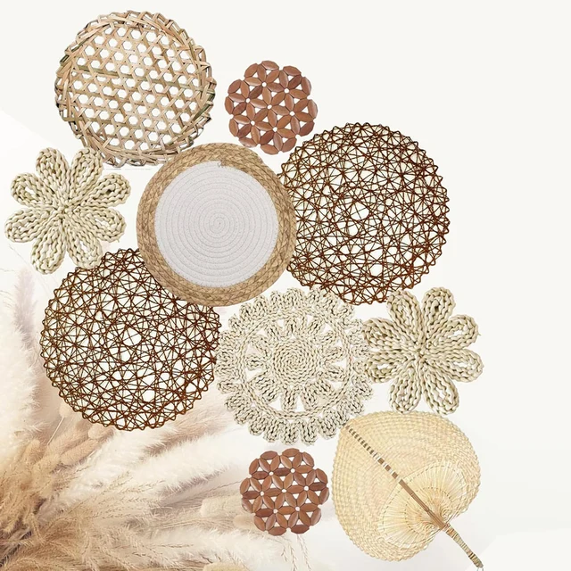 Decorazioni Parete Boho In Paglia - Set 7 Pezzi Rotondi Per Interni - Foto 2