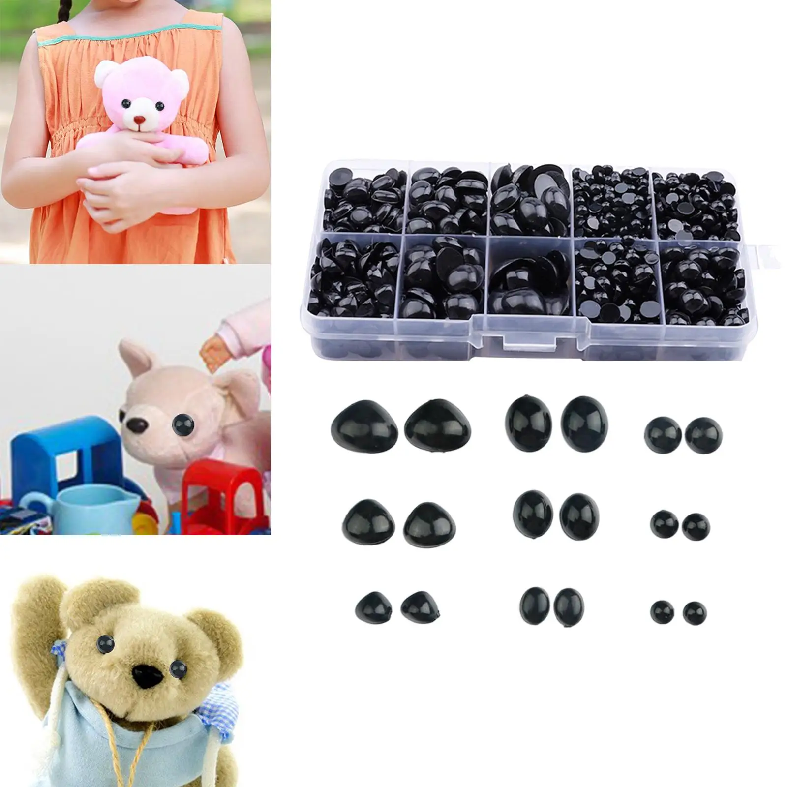 Craft Doll Eyes 1000Pcs Black Plastic Safety Eyes and Noses DIY Crafts Half Round Cabochons Flat Bottomed Eyes Craft Doll for Bear Puppet