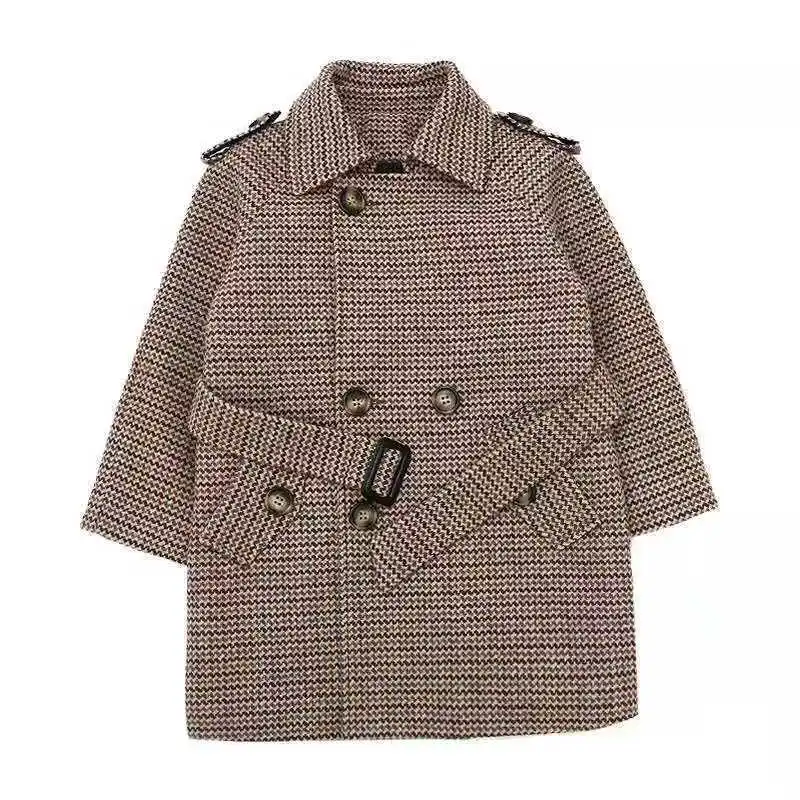 Boy Wool & Blends Woolen Jackets Autumn New Fashion Wave Pattern Solid Turn Collar Belt Kids Children Outerwear & Coats