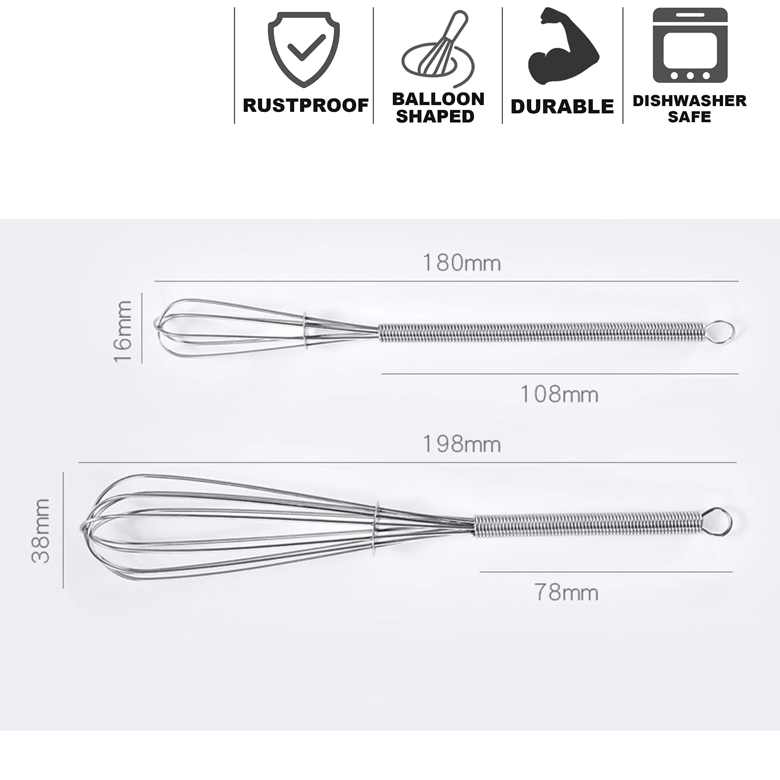 Leeseph Wire Whisks, 5in 7in 8in Stainless Steel Kitchen Mini Whisk & Egg Beater for Cooking, Blending, Beating and Stirring