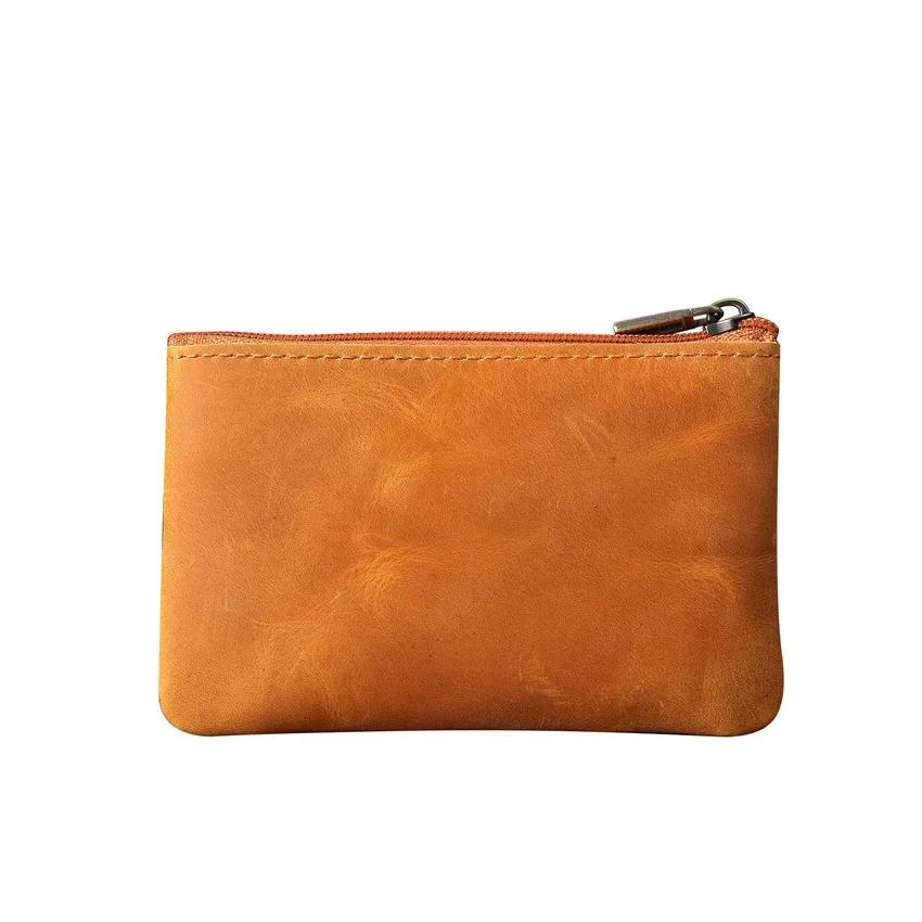 Vintage Brown Leather Coin Purse with Zipper, Cowhide Pattern