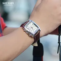 Megir cadran rectangulaire bracelet en cuir Montre pour hommes décontracté bleu chronographe montres à Quartz homme Montre-bracelet Montre Reloj Часы М � 4