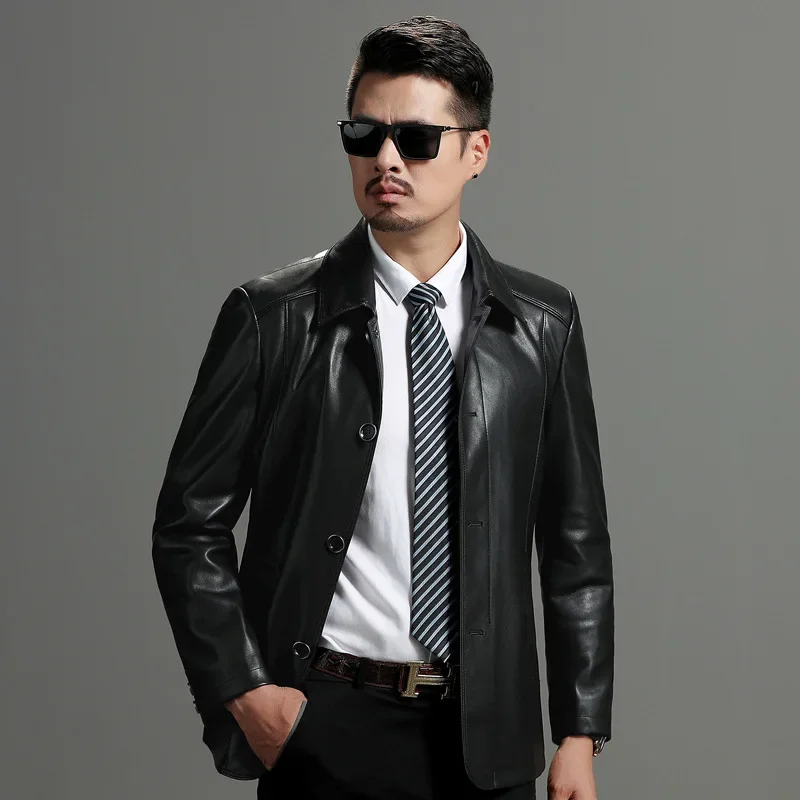 Men's New Genuine Leather Jacket with a Lapel and Short Leather Jacket Plush and Thick Coat for Middle-aged and Elderly People - Image 4