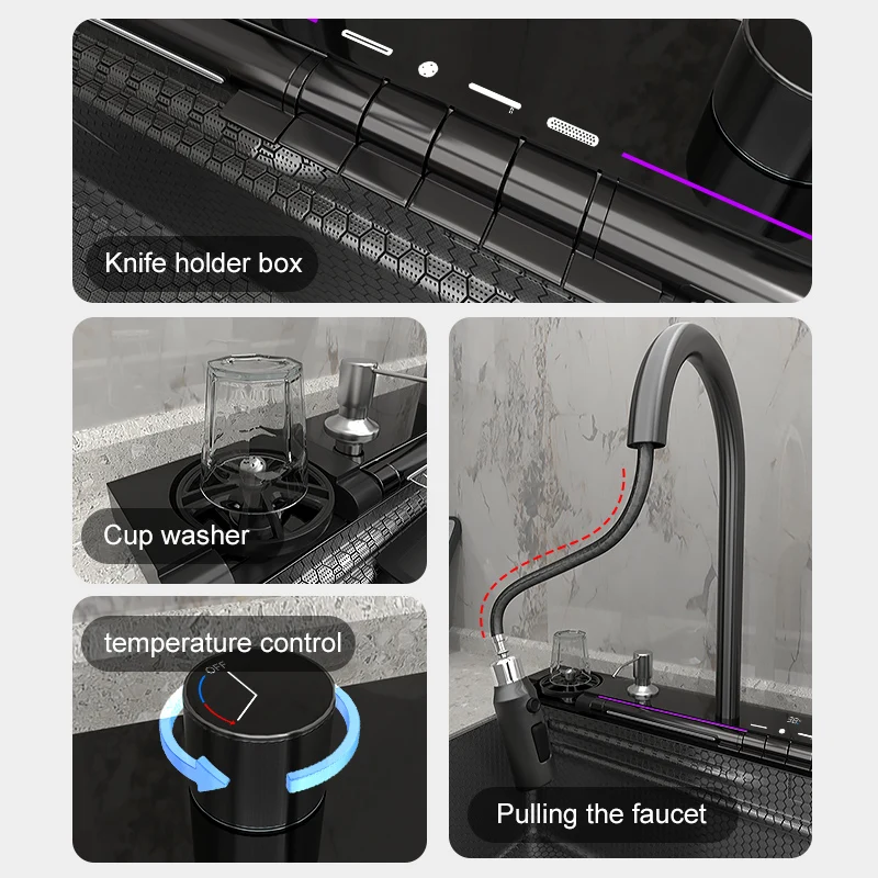 80CM Multifunctional Kitchen Sink Stainless Steel Waterfall Faucet Smart Temperature Panel Piano Button Sink For Hotel Kitchen