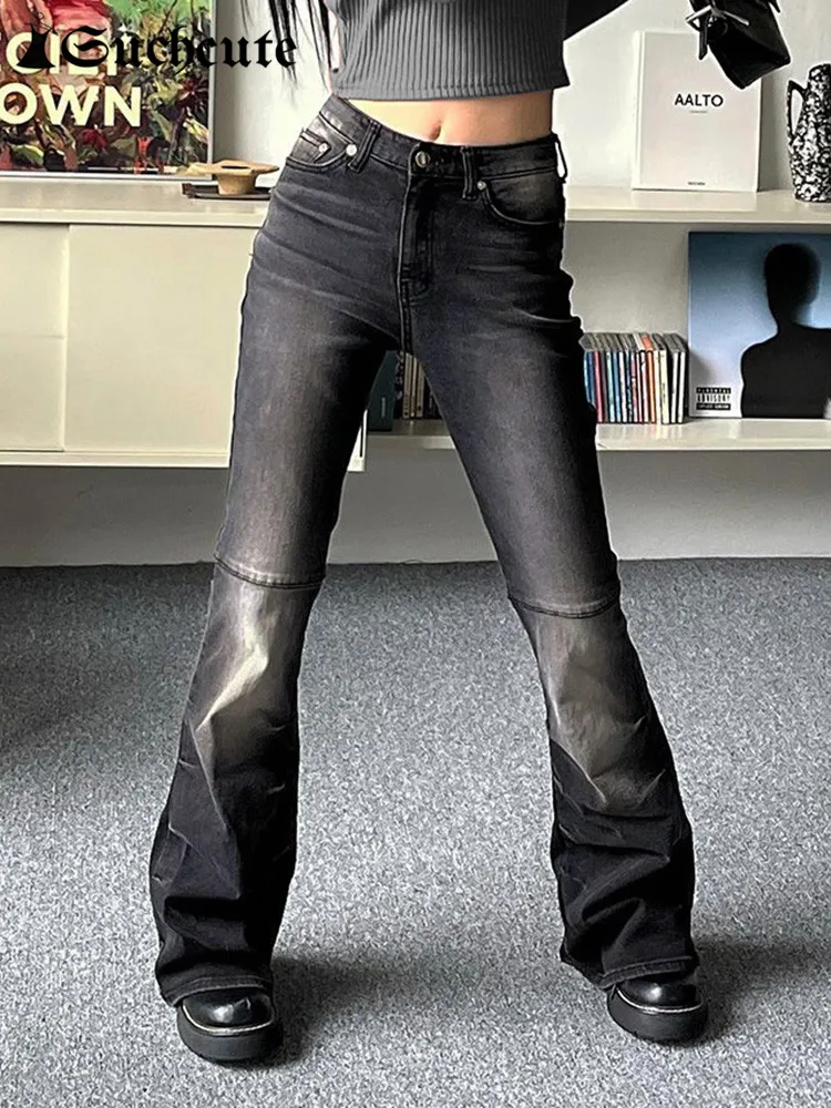 

SUCHCUTE Gothic Baisc High Street Jeans Women Y2K Mid Waist Black Hip Hop Denim Bottoms Casual Punk Clothing Vintage All-match
