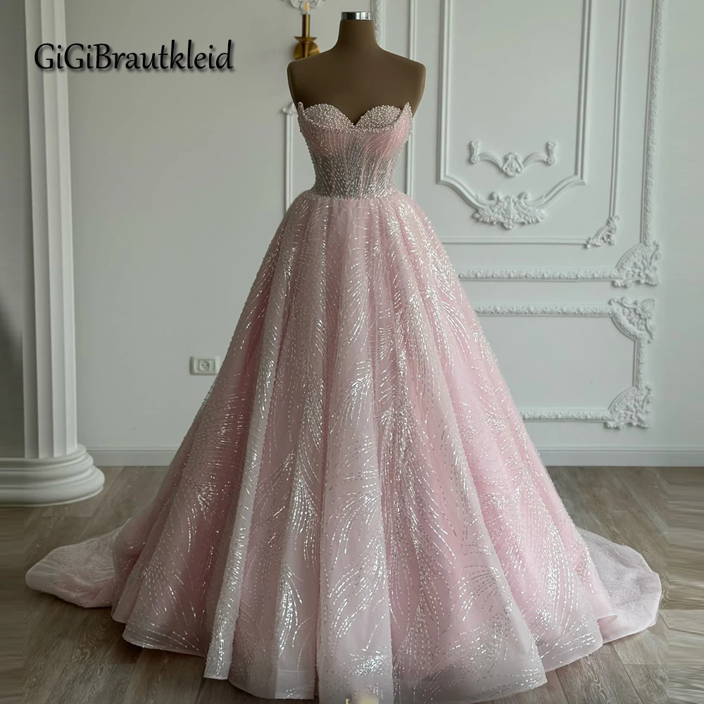 GiGiBraut Fancy Sweetheart Evening Dresses for Women Pearls A-Line Lacing up Formal Party Gowns Vestidos De Fiesta Customized