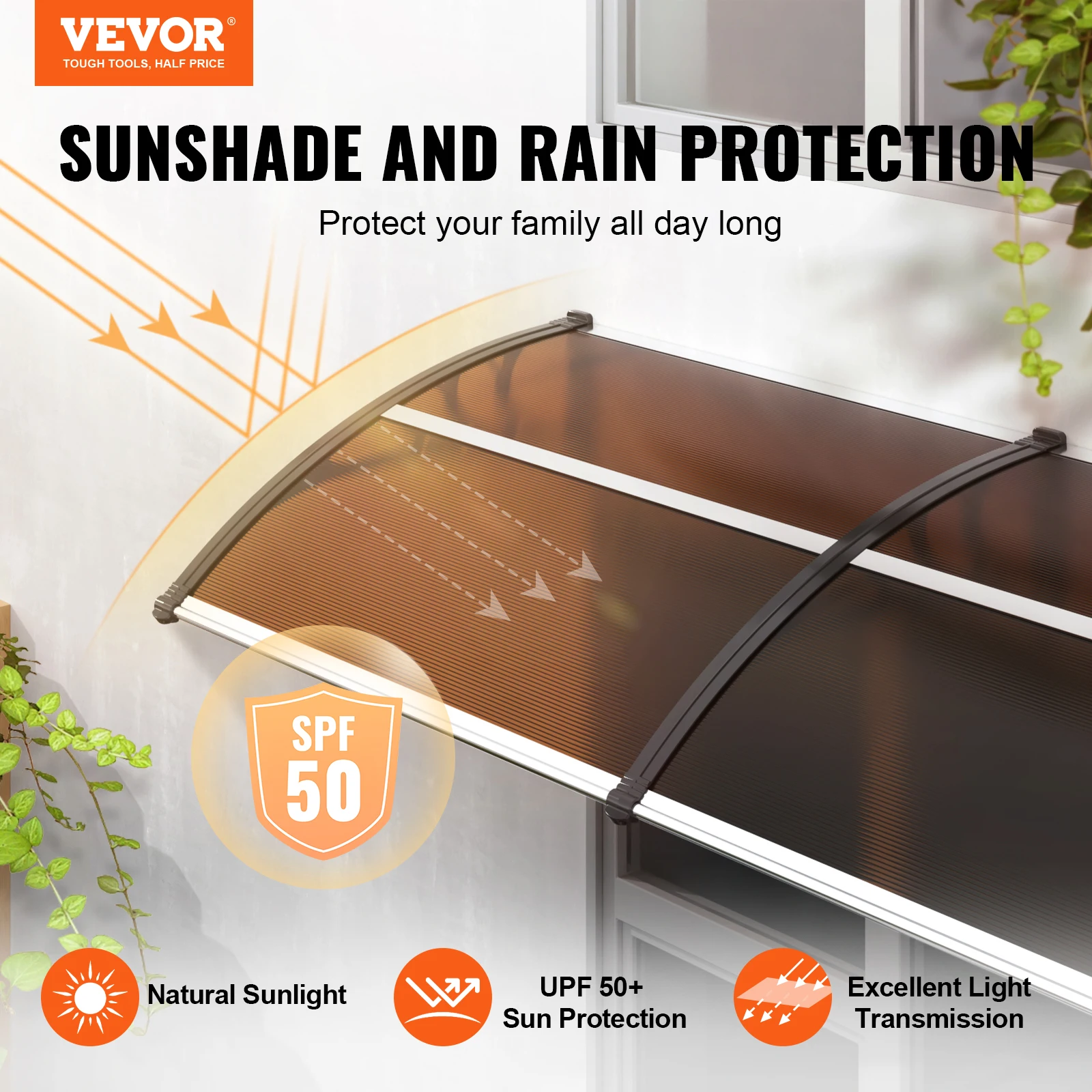 VEVOR Window Door Awning Canopy 3 Sizes UPF 50+ Polycarbonate Entry Window Awning Front Door Overhang for Sun Shutter