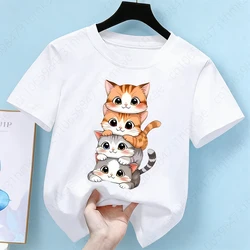 Adorable Cat Graphic Short Sleeve Kids' Summer Tee - Kawaii Cartoon Animal Design Tops - 100 (26040301 - 01)