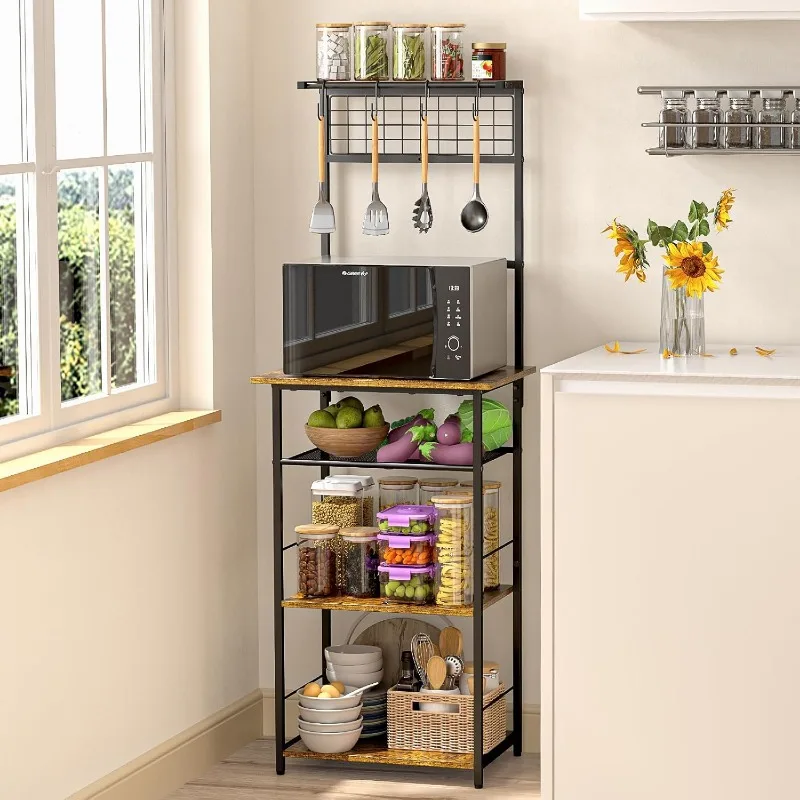 5 Tier Coffee Bar Station, Coffee Stand Station with 4 S-Shaped Hooks, Farmhouse Corner Coffee Bar Cabinet for Small Spaces, 3